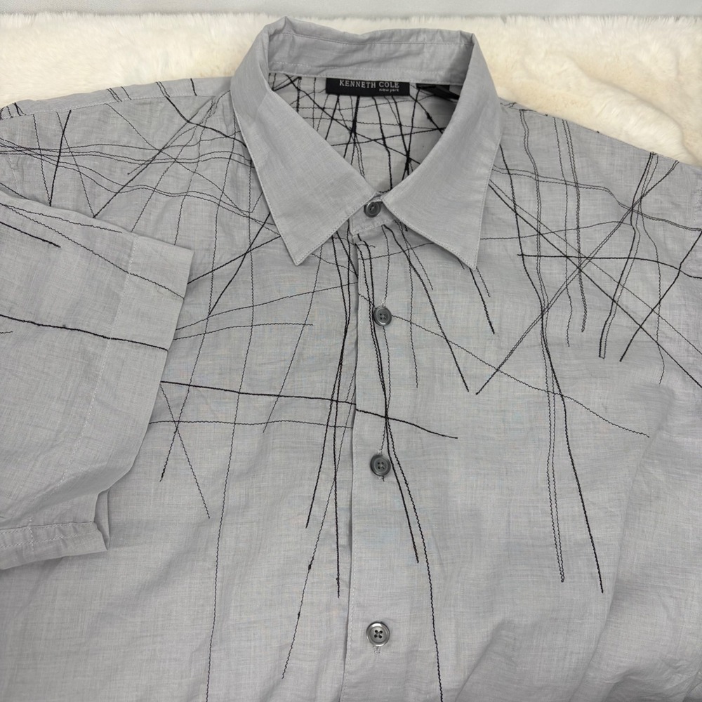 Kenneth‎ Cole New York Mens Grey Embroidered Abstract Line Shirt Short Sleeve L